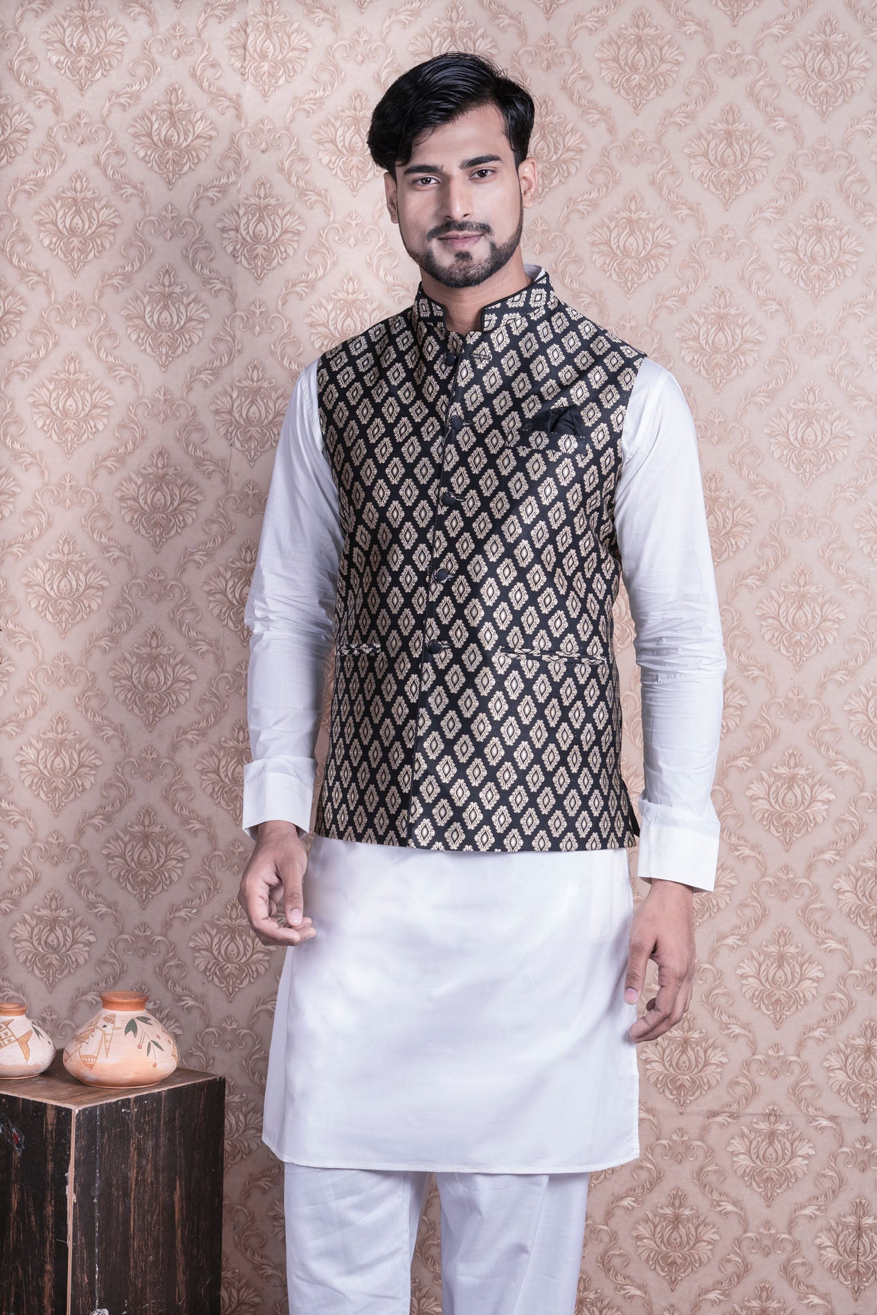 HAMSAFAR Men’s Black Poly Viscose Print Nehru Jacket