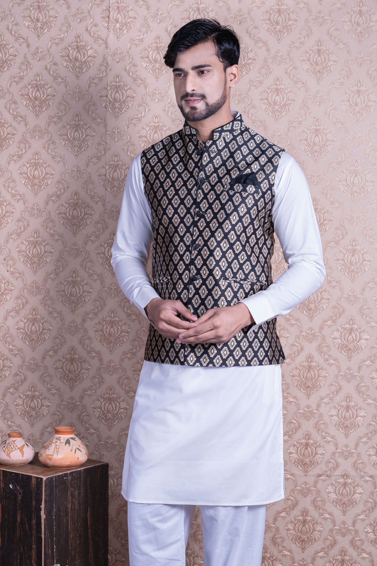 HAMSAFAR Men’s Black Poly Viscose Print Nehru Jacket