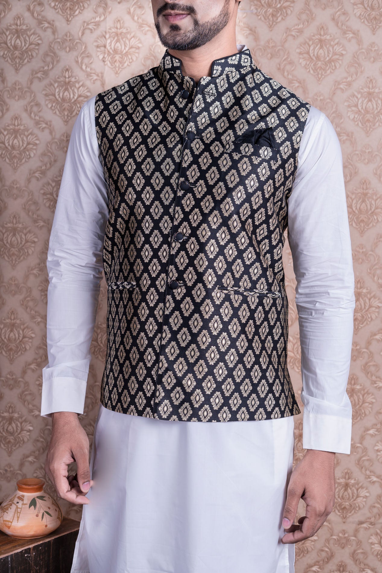 HAMSAFAR Men’s Black Poly Viscose Print Nehru Jacket