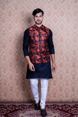 HAMSAFAR Men’s Orange With Black Printed Poly Viscose Nehru Jacket