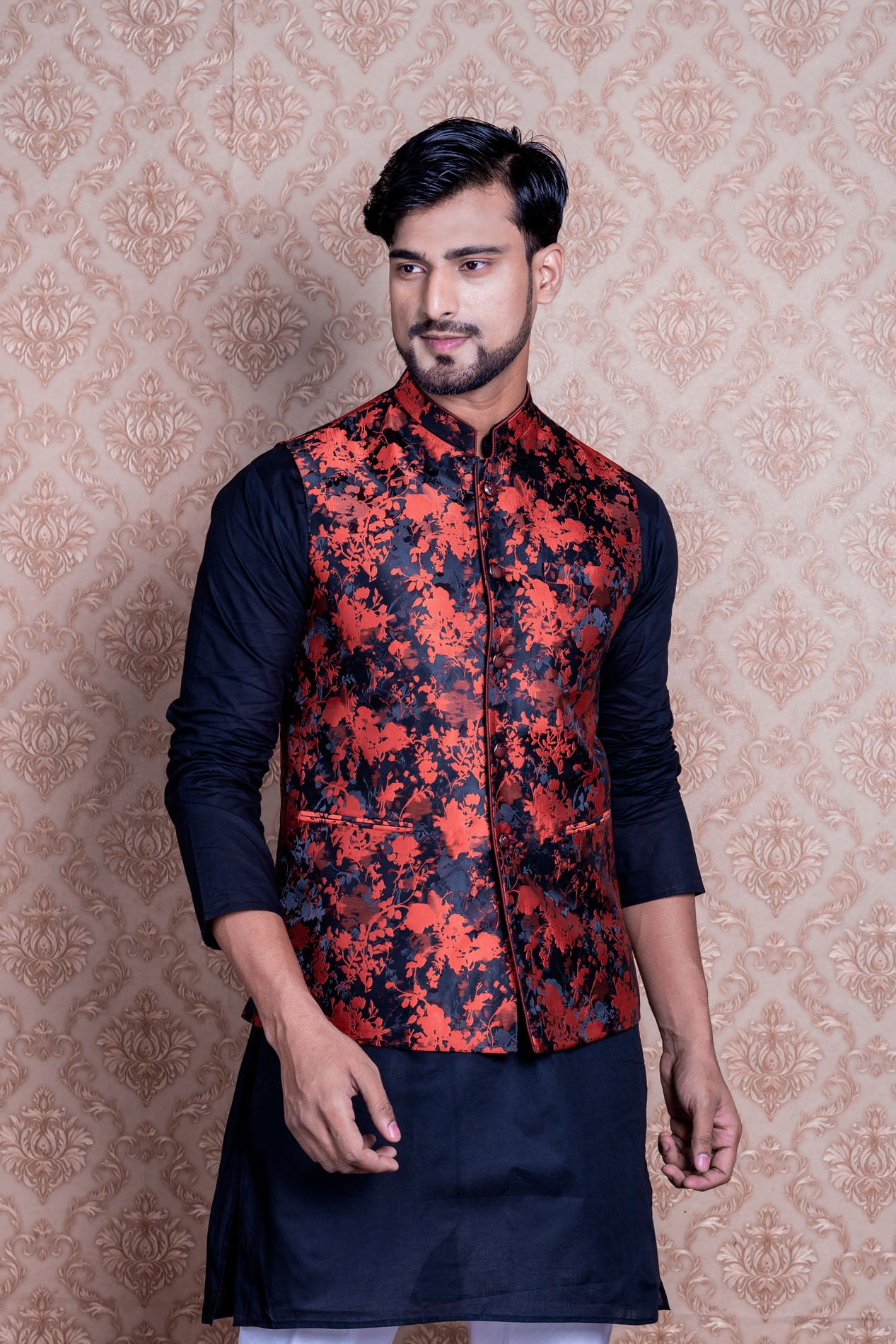 HAMSAFAR Men’s Orange With Black Printed Poly Viscose Nehru Jacket