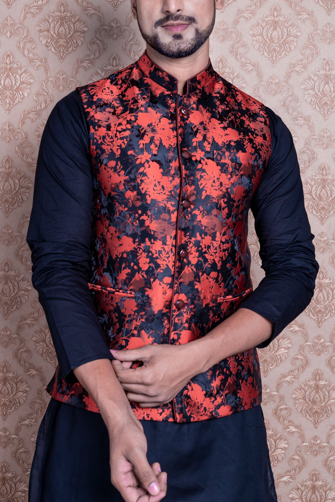 HAMSAFAR Men’s Orange With Black Printed Poly Viscose Nehru Jacket