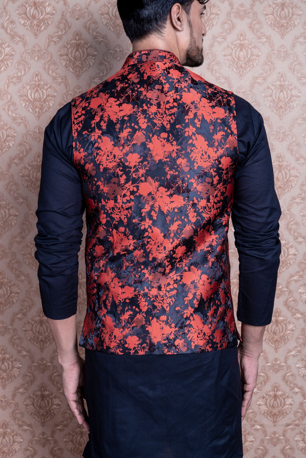 HAMSAFAR Men’s Orange With Black Printed Poly Viscose Nehru Jacket