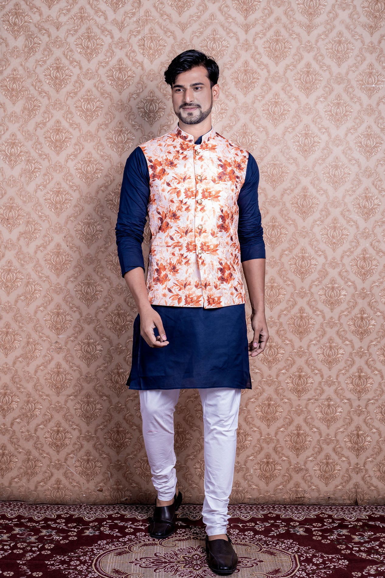 HAMSAFAR Men’s White & Orange Poly Viscose Printed Nehru Jacket