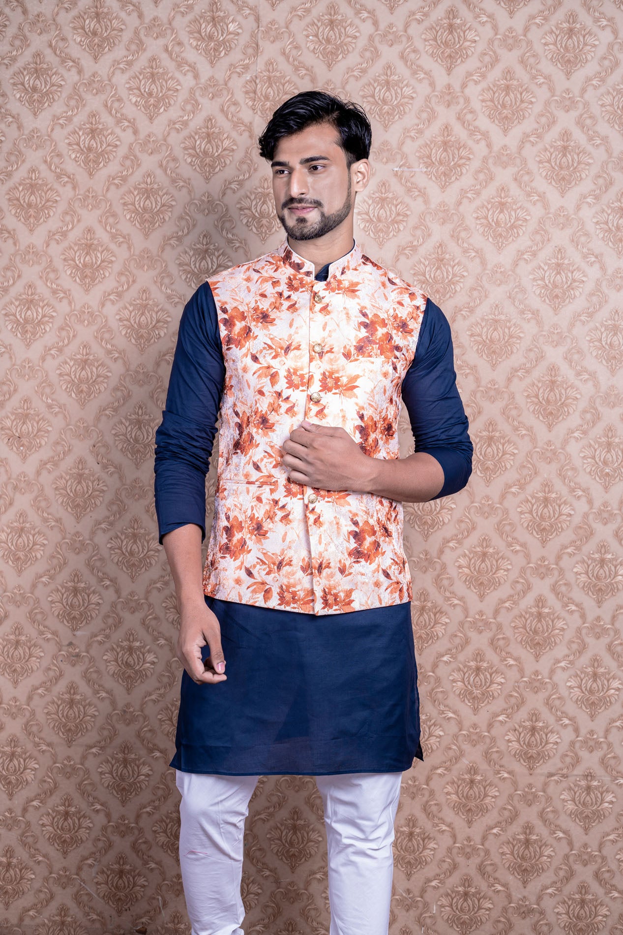 HAMSAFAR Men’s White & Orange Poly Viscose Printed Nehru Jacket