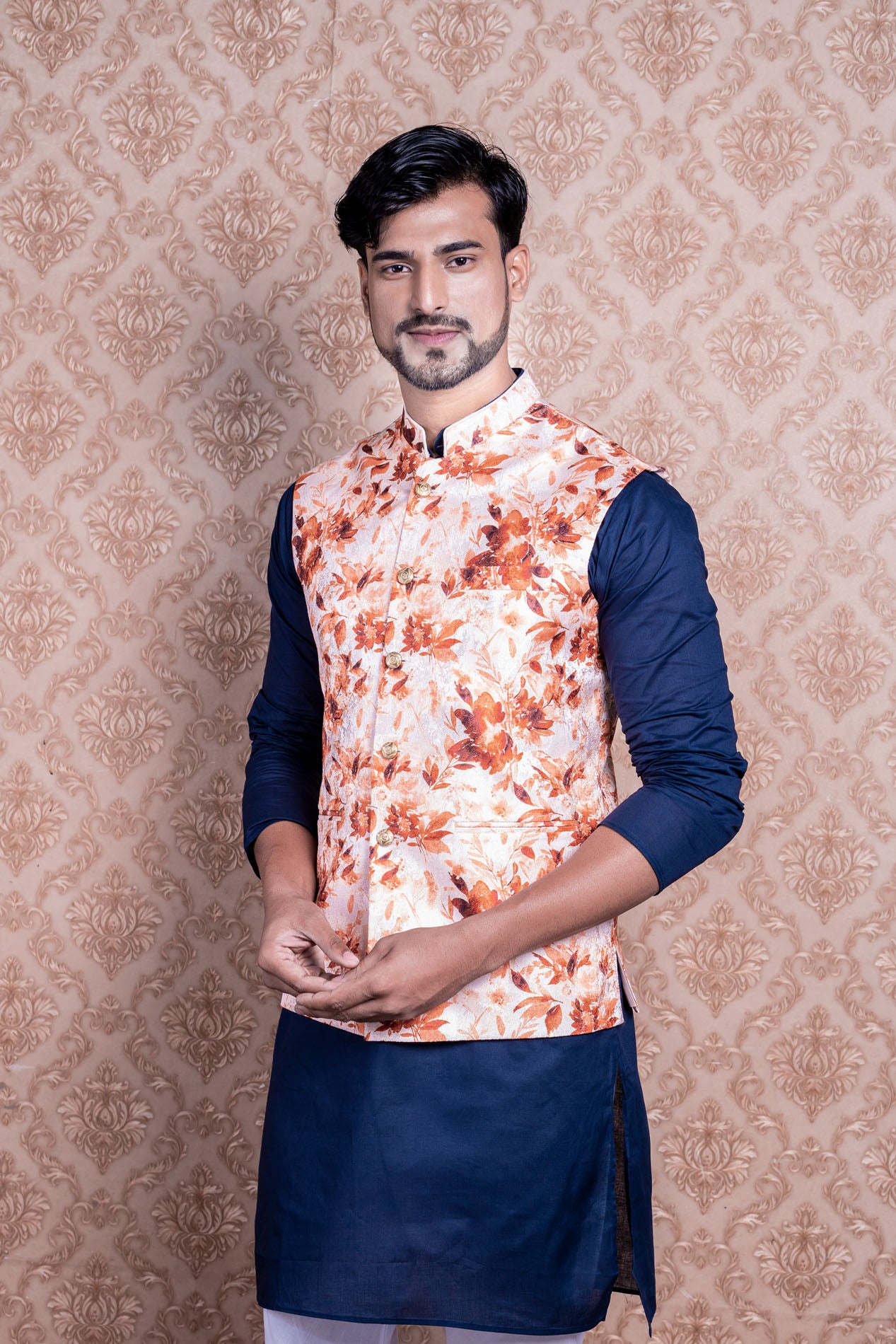 HAMSAFAR Men’s White & Orange Poly Viscose Printed Nehru Jacket