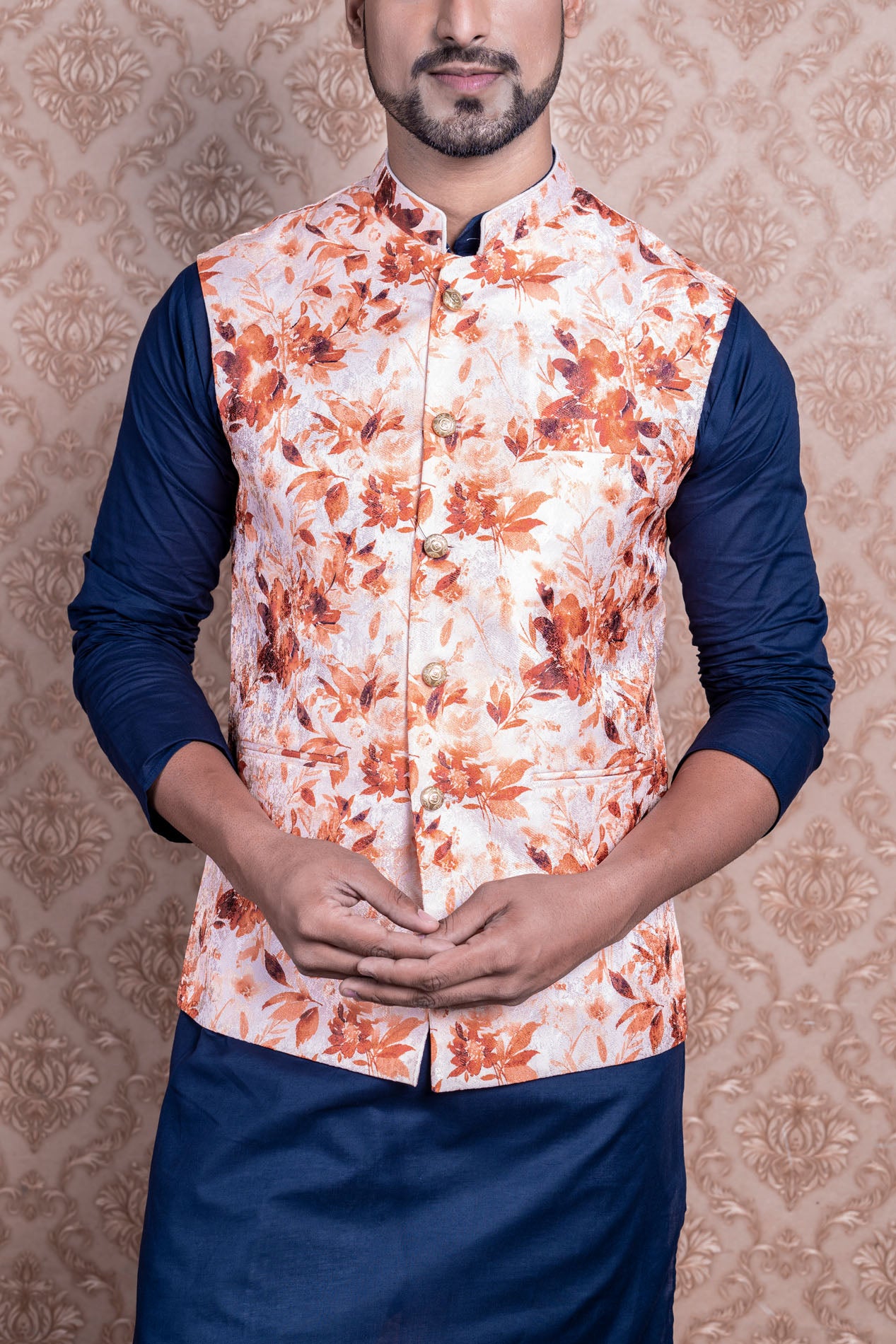 HAMSAFAR Men’s White & Orange Poly Viscose Printed Nehru Jacket