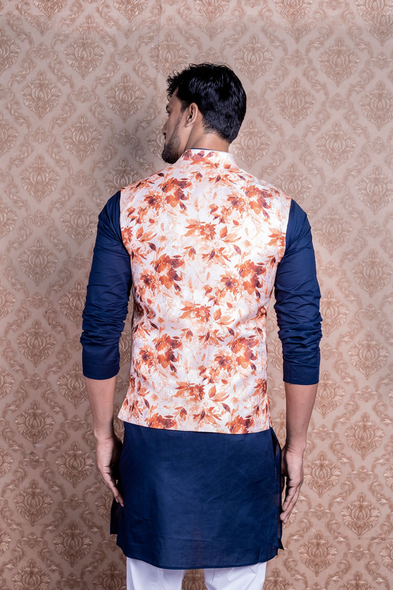 HAMSAFAR Men’s White & Orange Poly Viscose Printed Nehru Jacket
