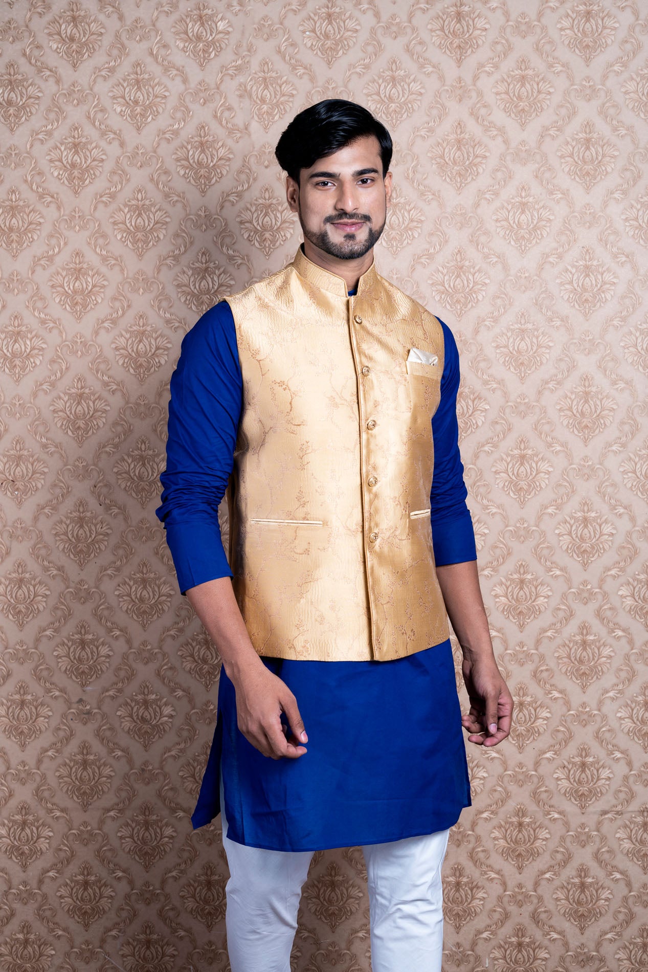 HAMSAFAR Men’s Golden Poly Viscose Nehru Jacket