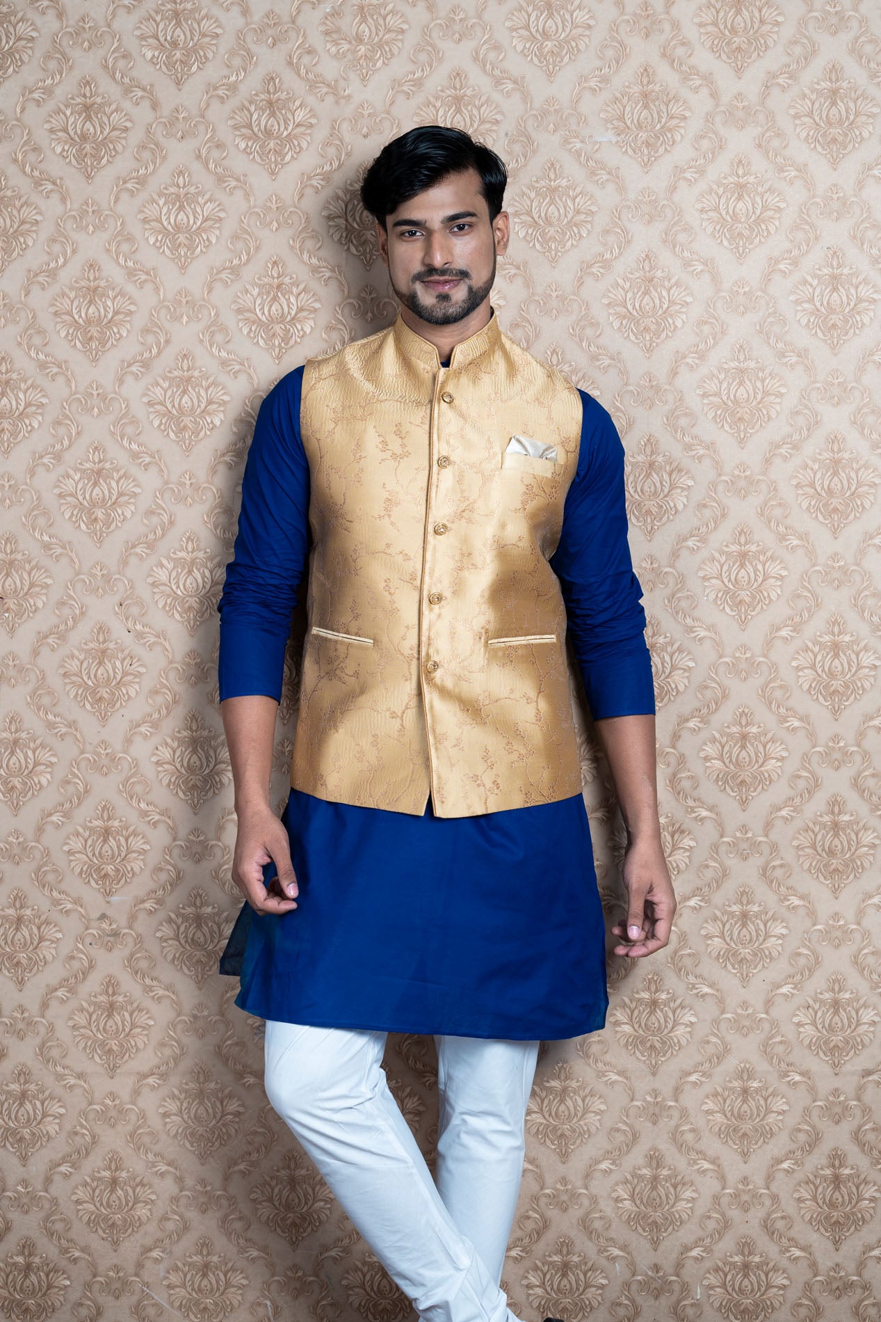 HAMSAFAR Men’s Golden Poly Viscose Nehru Jacket