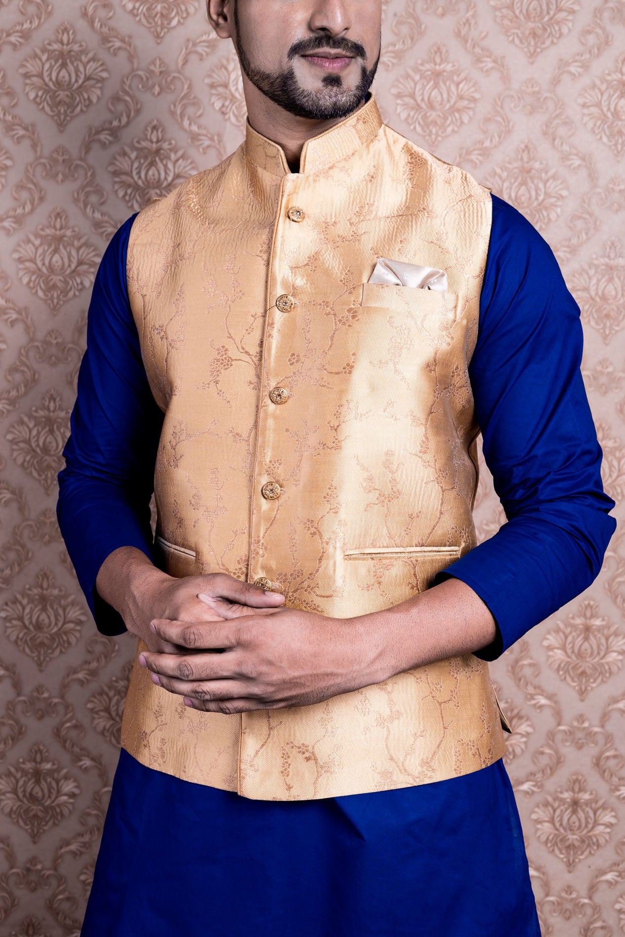 HAMSAFAR Men’s Golden Poly Viscose Nehru Jacket
