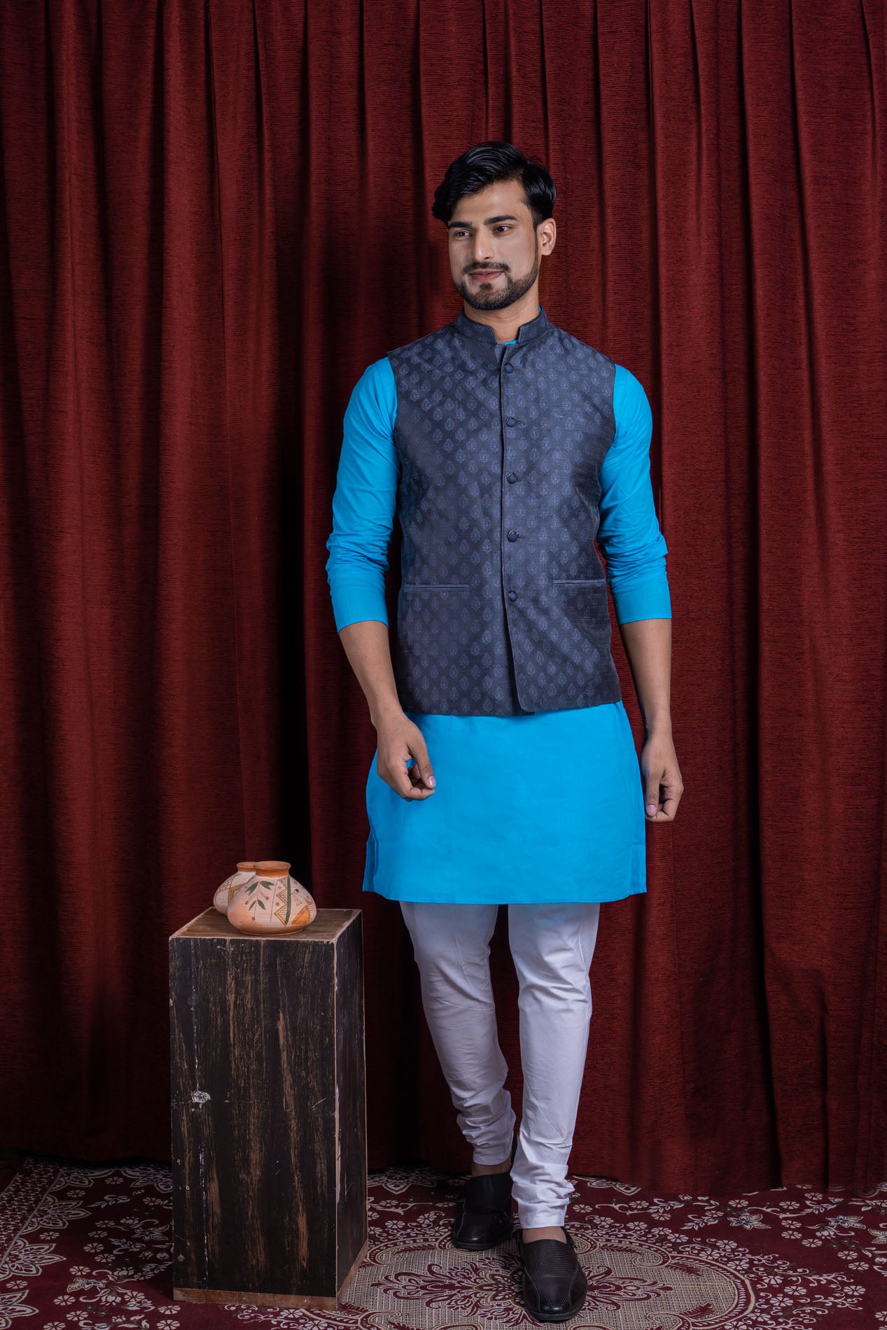 HAMSAFAR Men’s Denim Blue Poly Viscose Printed Nehru Jacket