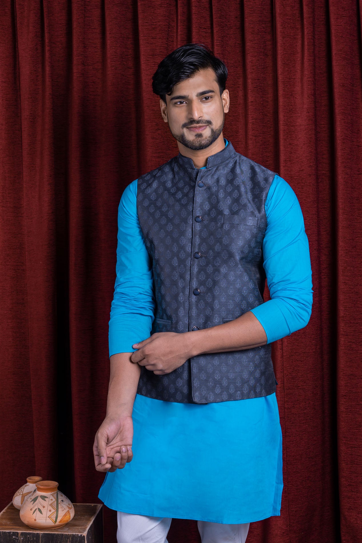 HAMSAFAR Men’s Denim Blue Poly Viscose Printed Nehru Jacket