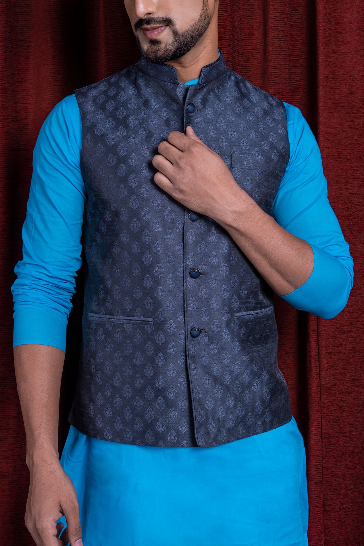 HAMSAFAR Men’s Denim Blue Poly Viscose Printed Nehru Jacket