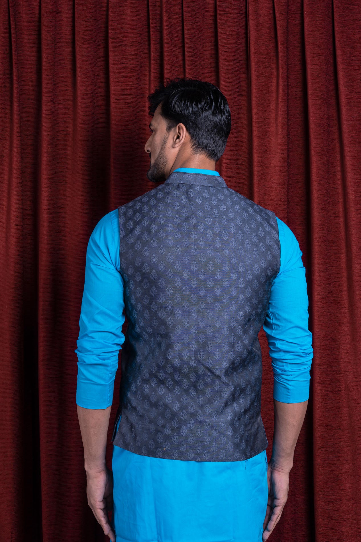 HAMSAFAR Men’s Denim Blue Poly Viscose Printed Nehru Jacket