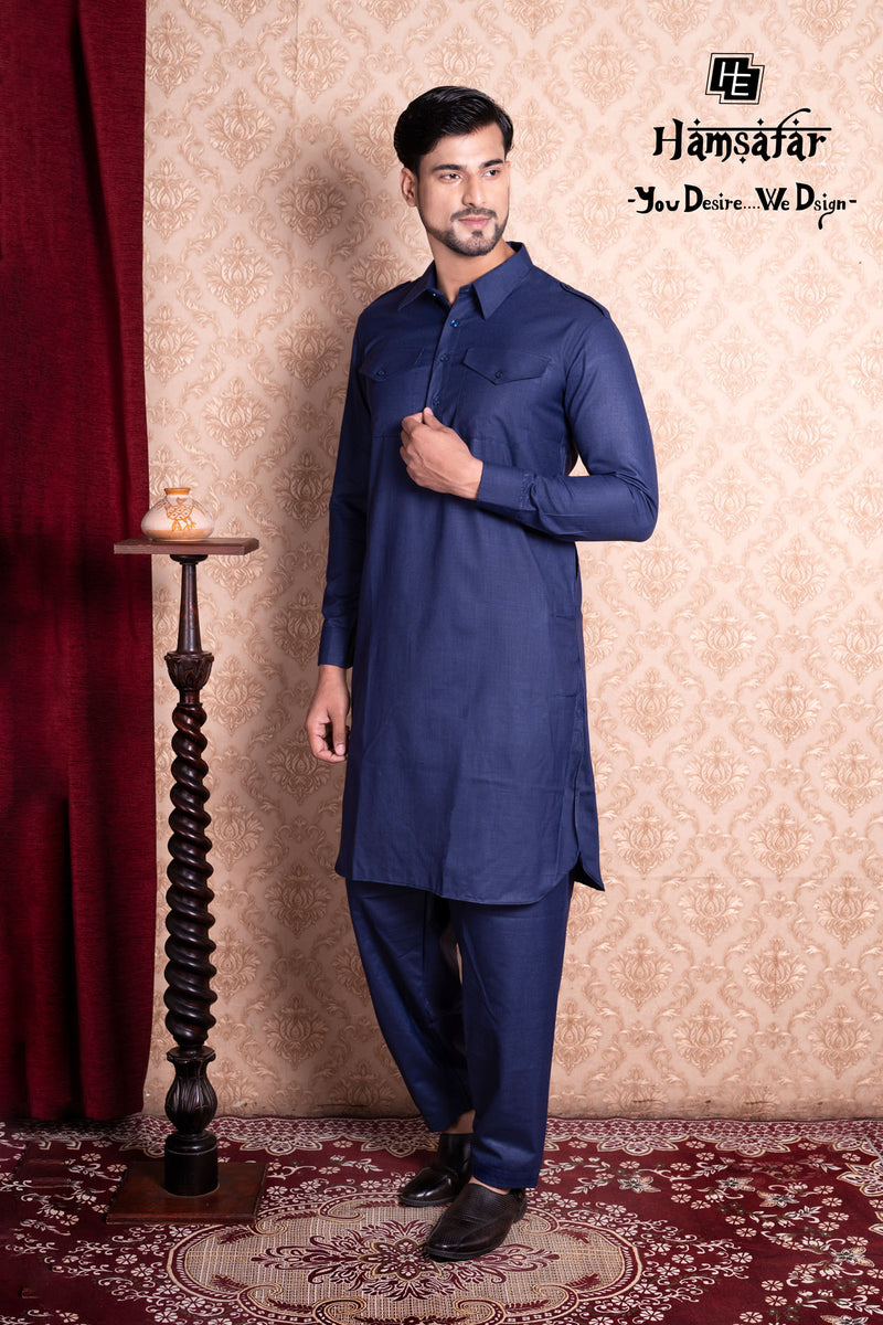 HAMSAFAR Men's Navy Blue Cotton Casual Pathani Kurta And Pyjama Set