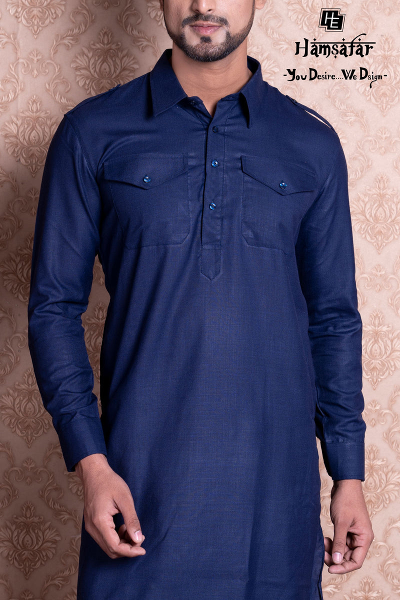 HAMSAFAR Men's Navy Blue Cotton Casual Pathani Kurta And Pyjama Set