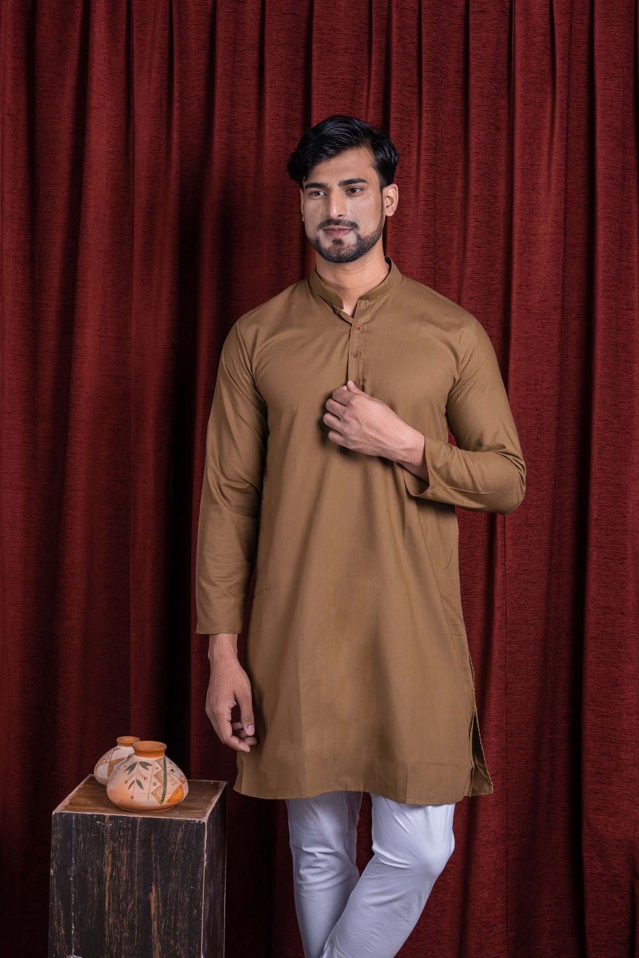 HAMSAFAR Men’s Light Brown Cotton Casual Kurta