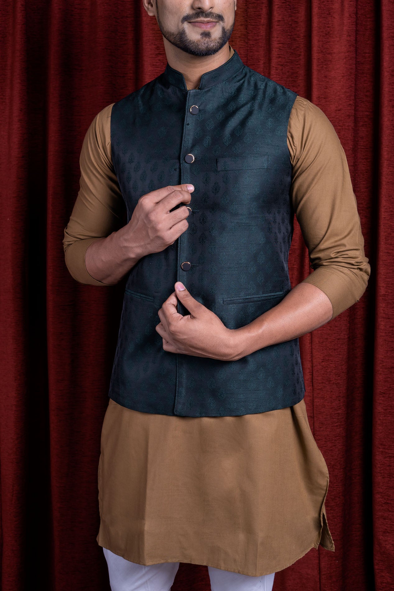 HAMSAFAR Men’s Dark Grey Poly Viscose Printed Nehru Jacket