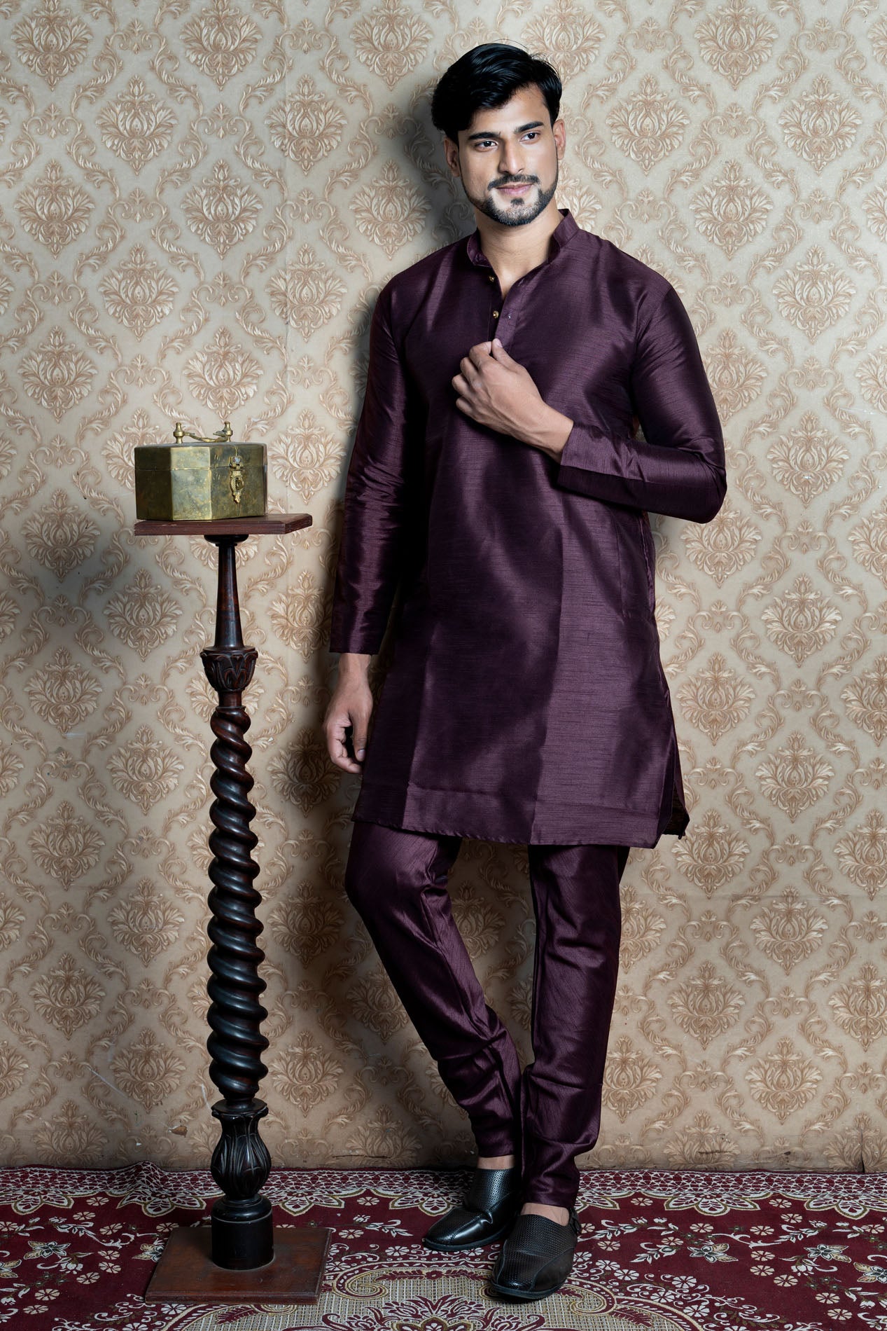 HAMSAFAR Men’s Dark Purple Silk Blend Casual Kurta