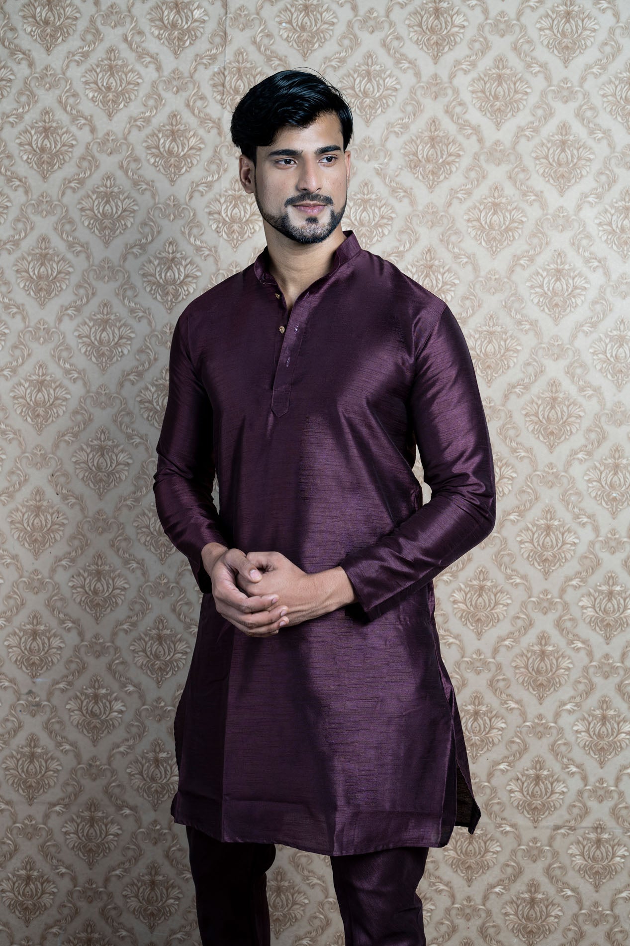 HAMSAFAR Men’s Dark Purple Silk Blend Casual Kurta