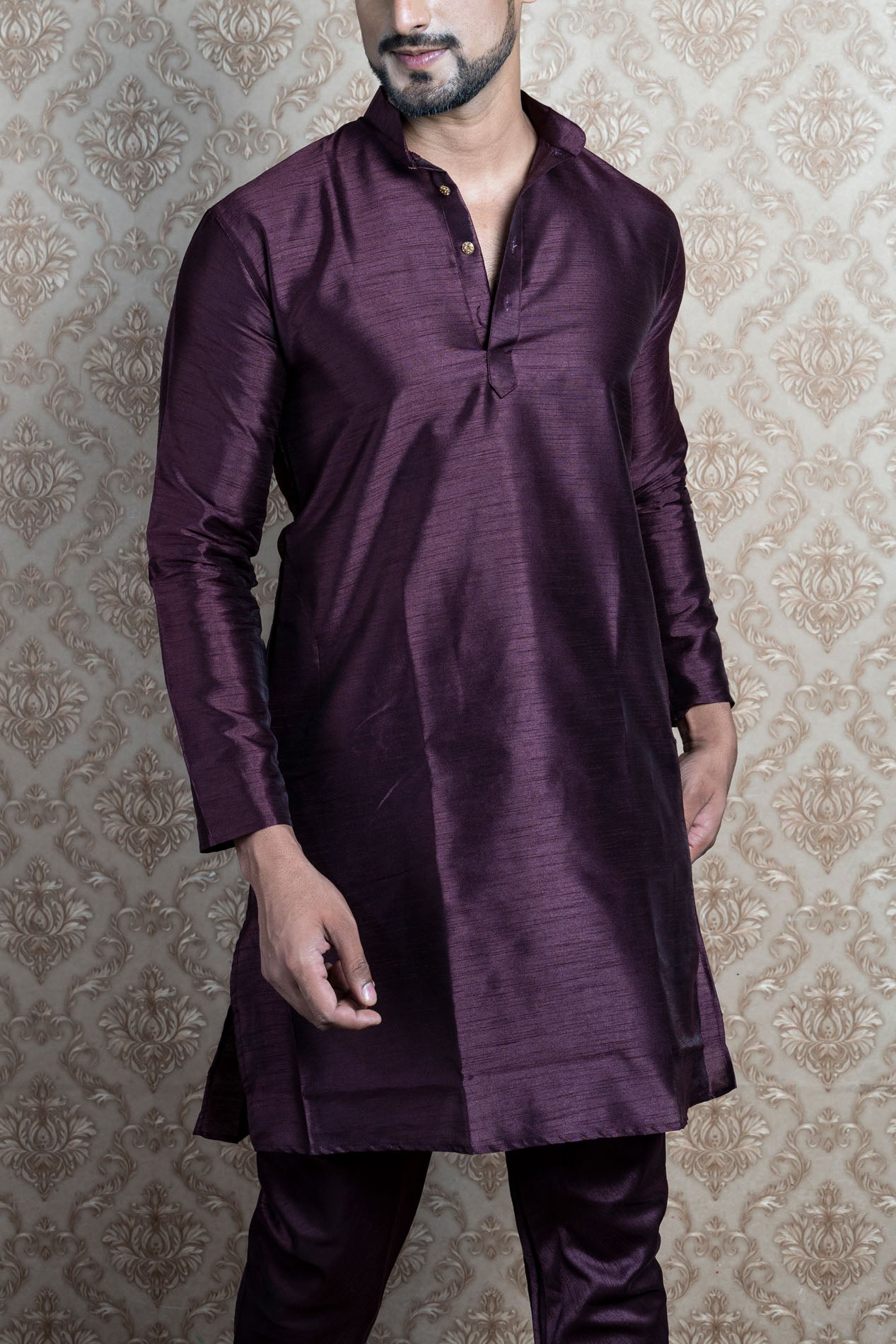 HAMSAFAR Men’s Dark Purple Silk Blend Casual Kurta