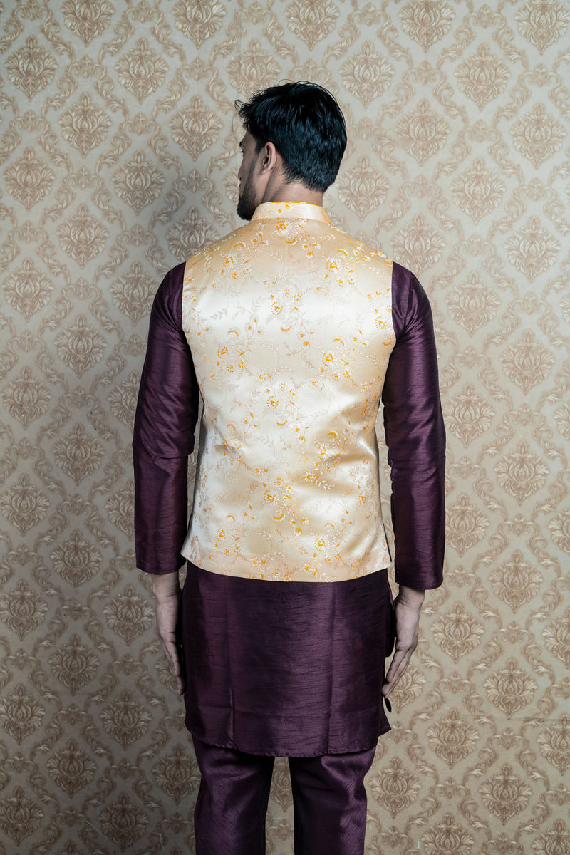 HAMSAFAR Men’s Golden Poly Viscose Embroidery Nehru Jacket