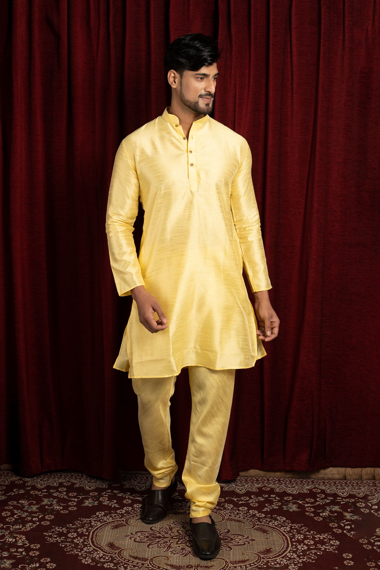 HAMSAFAR Men’s Lemon Yellow Silk Blend Casual Kurta