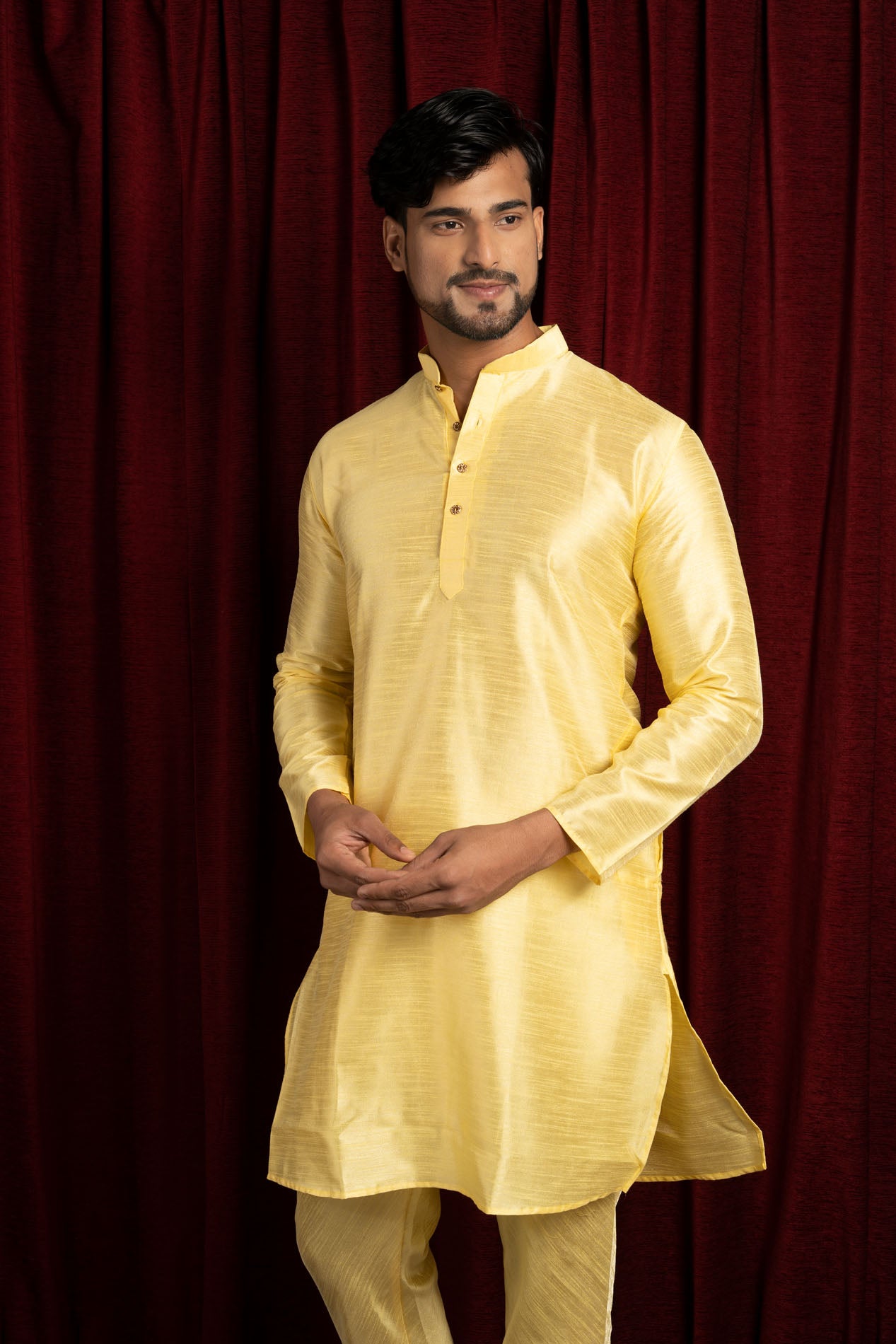 HAMSAFAR Men’s Lemon Yellow Silk Blend Casual Kurta