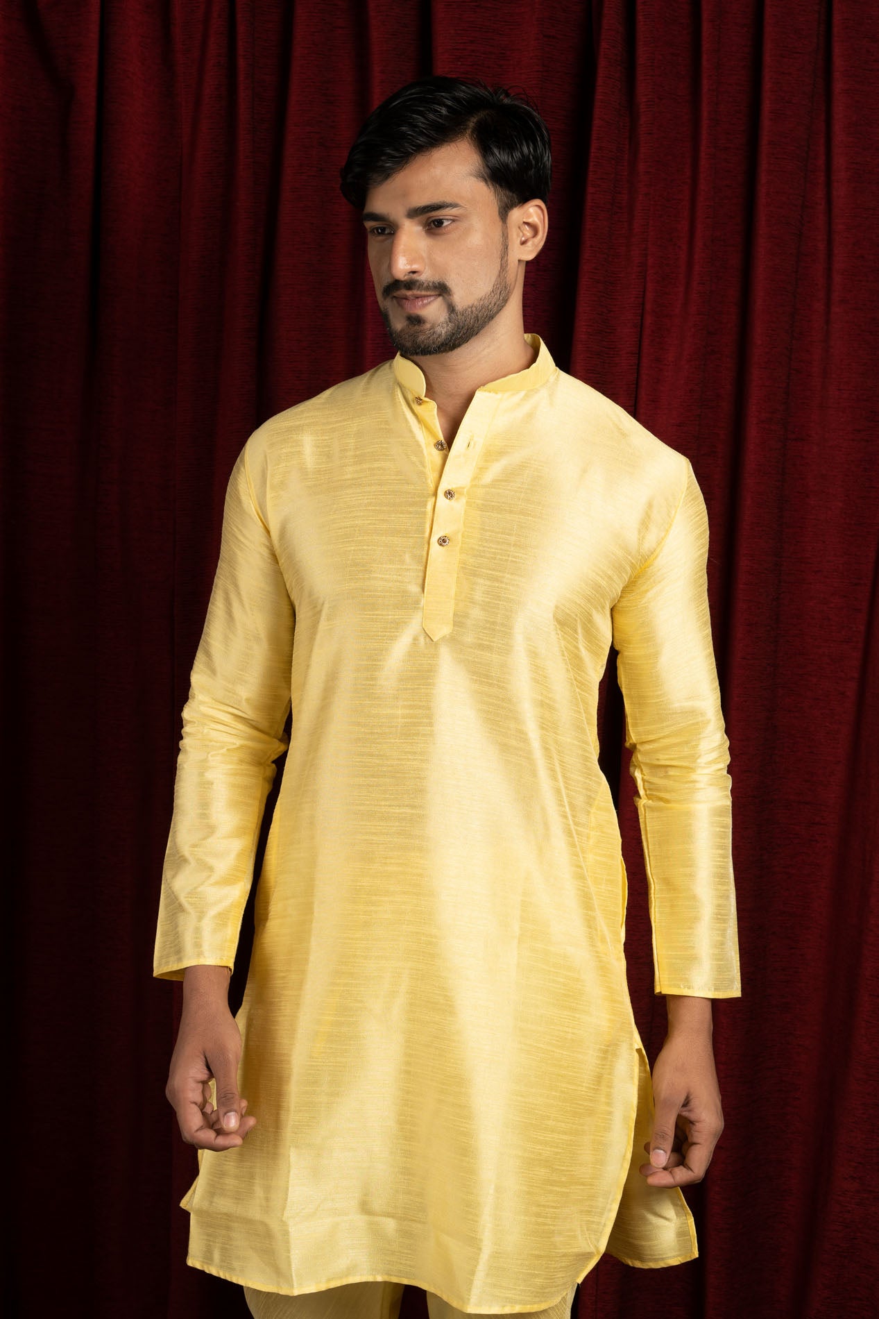 HAMSAFAR Men’s Lemon Yellow Silk Blend Casual Kurta