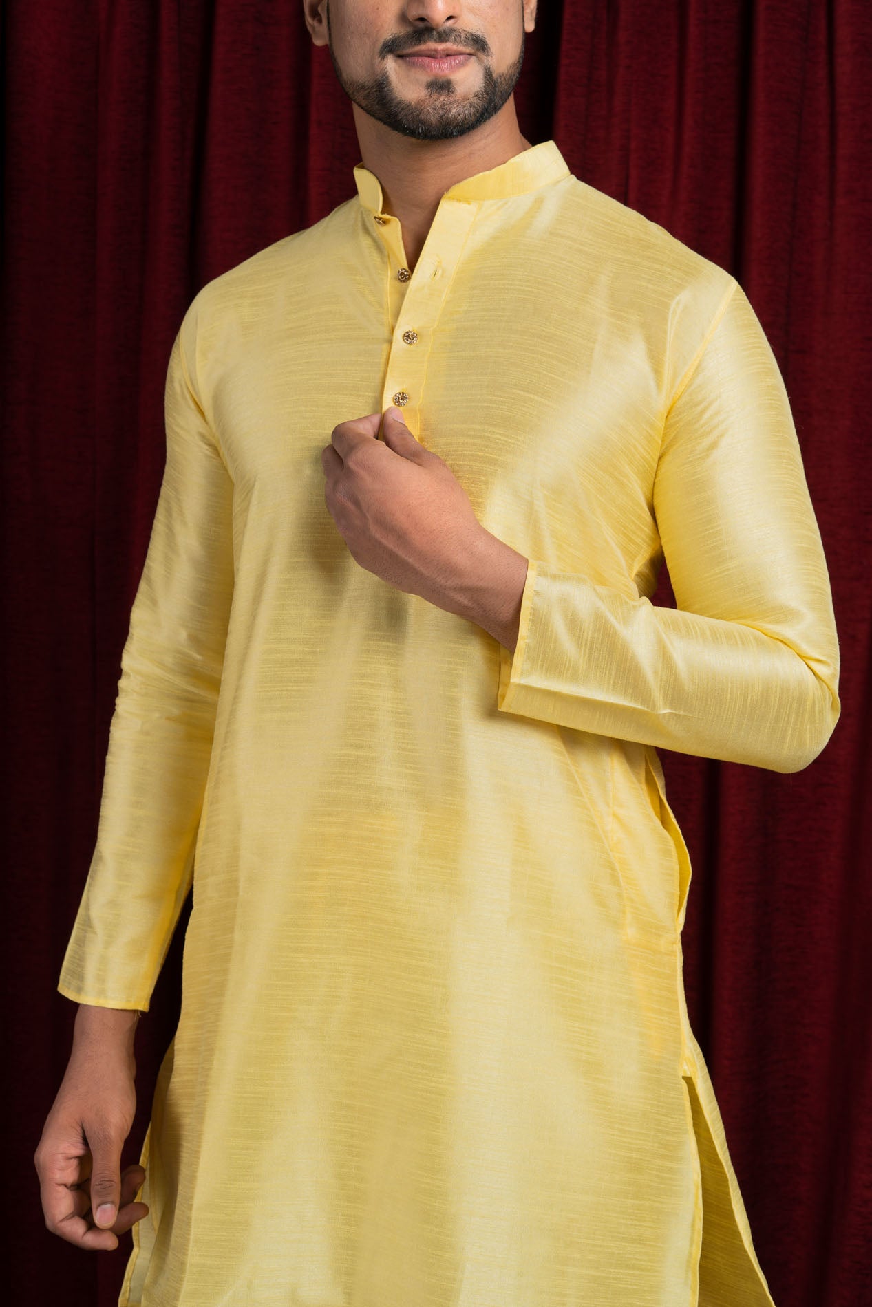 HAMSAFAR Men’s Lemon Yellow Silk Blend Casual Kurta