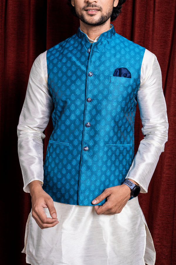 HAMSAFAR Men’s Blue Poly Viscose Print Nehru Jacket