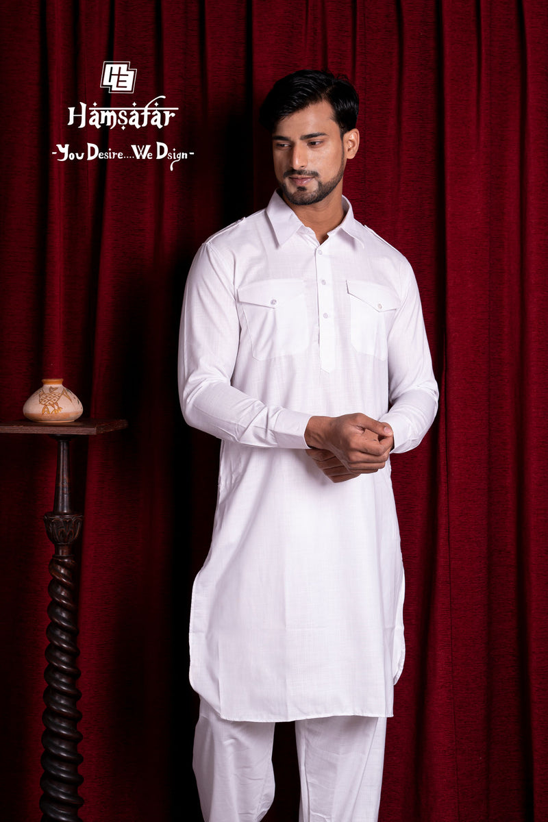 HAMSAFAR Men's White Cotton Casual Pathani Kurta And Pyjama Set
