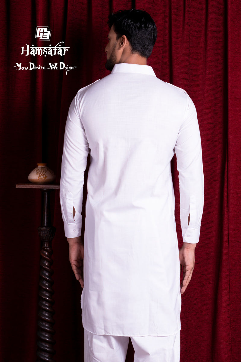 HAMSAFAR Men's White Cotton Casual Pathani Kurta And Pyjama Set