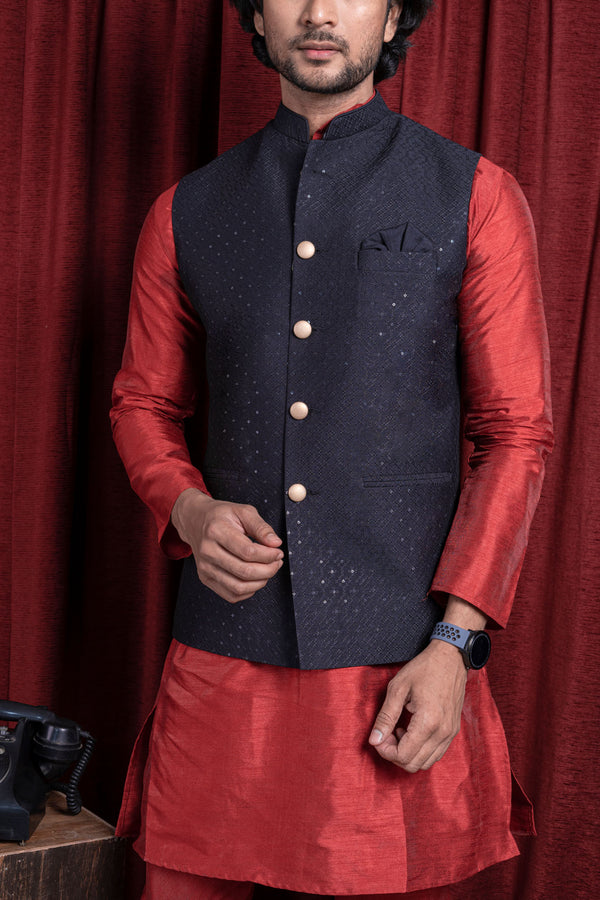 HAMSAFAR Men’s Black Silk Embroidery Nehru Jacket