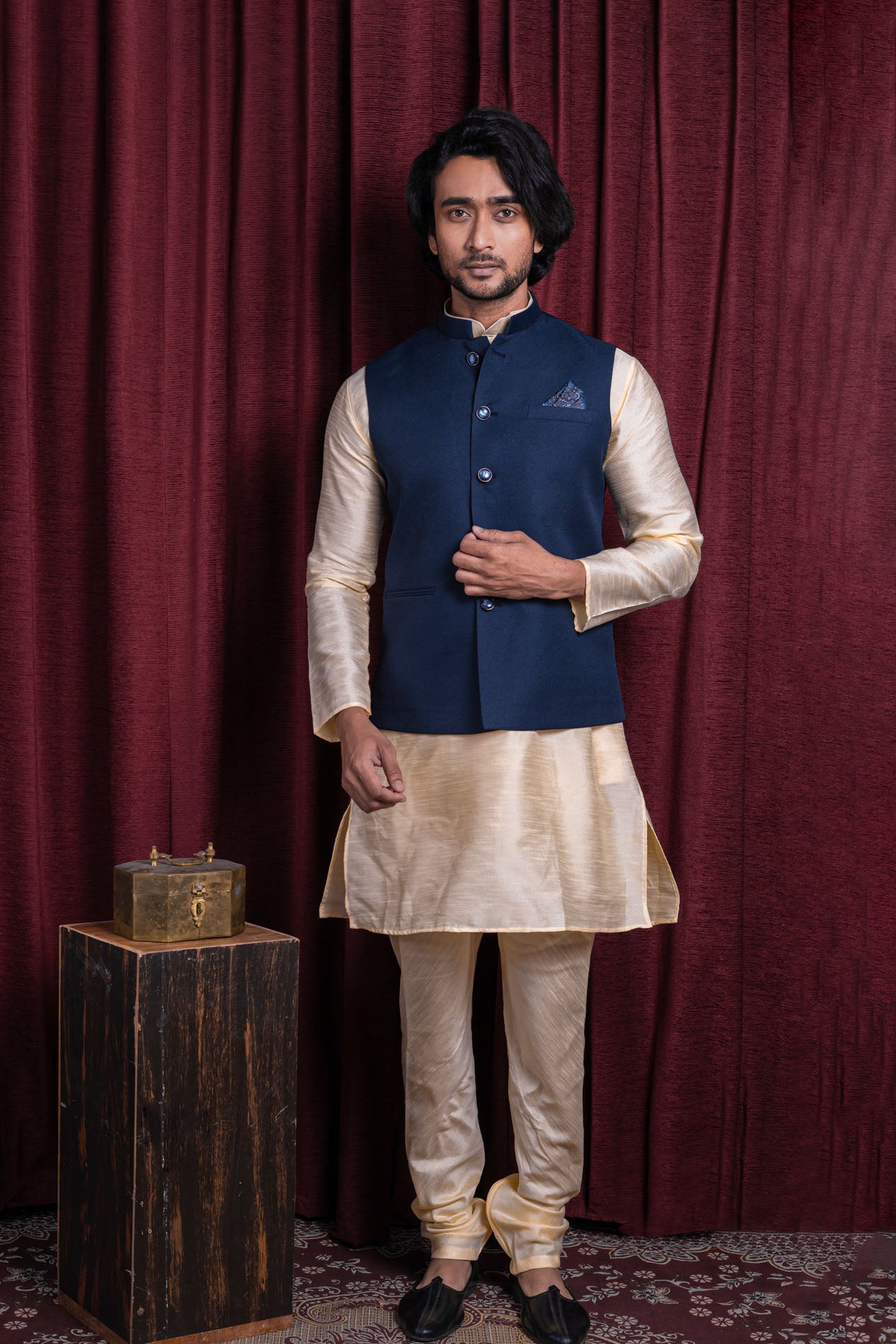 HAMSAFAR Men’s Denim Blue Poly Viscose Nehru Jacket