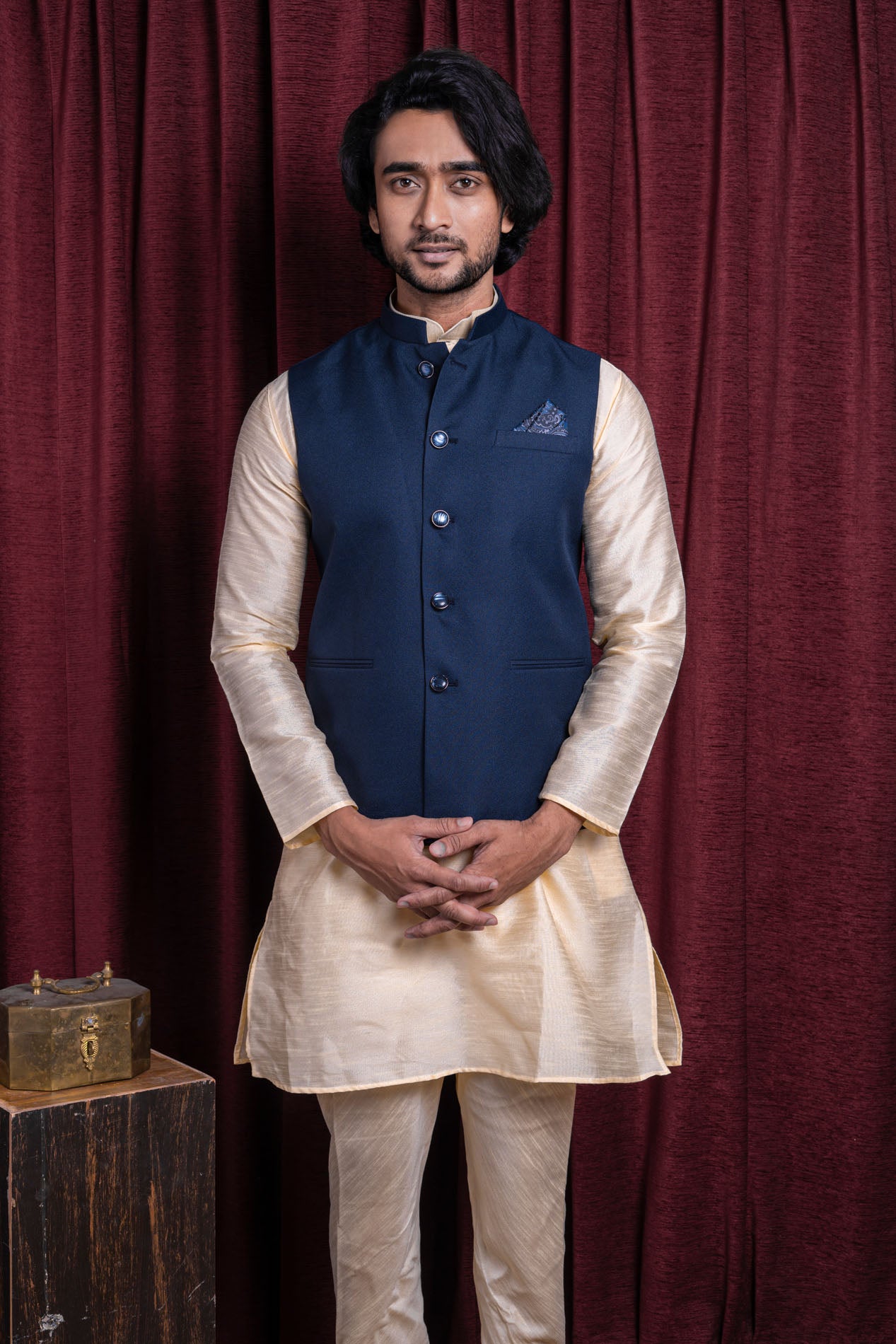 HAMSAFAR Men’s Denim Blue Poly Viscose Nehru Jacket
