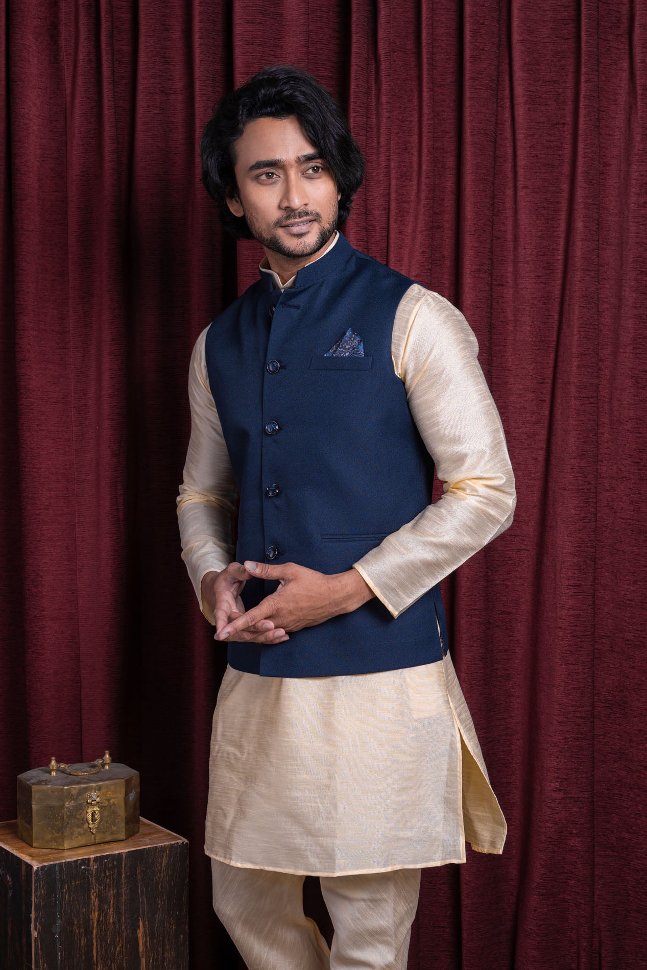 HAMSAFAR Men’s Denim Blue Poly Viscose Nehru Jacket