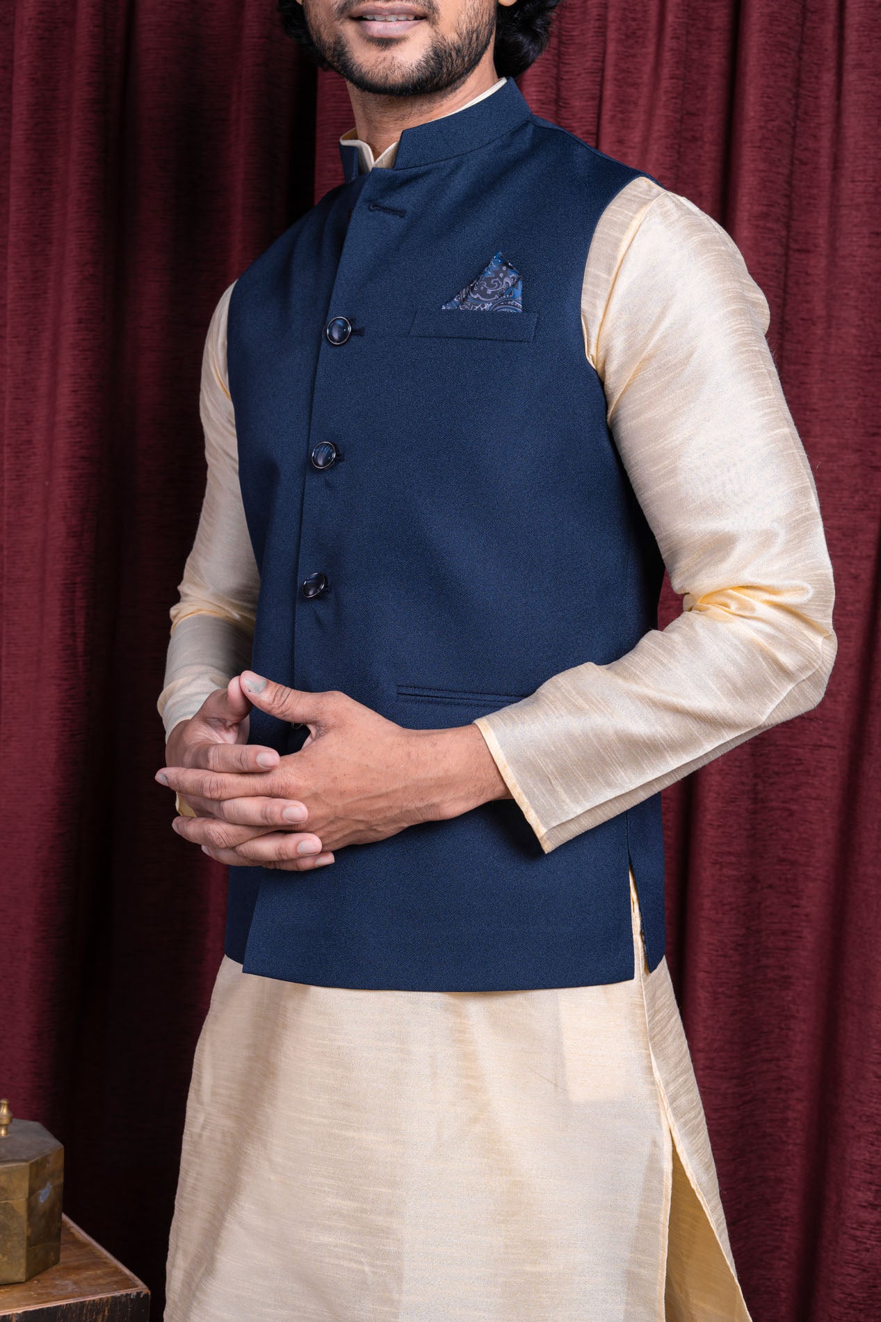 HAMSAFAR Men’s Denim Blue Poly Viscose Nehru Jacket