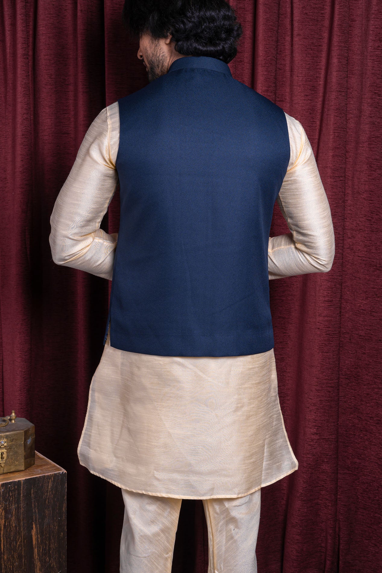 HAMSAFAR Men’s Denim Blue Poly Viscose Nehru Jacket