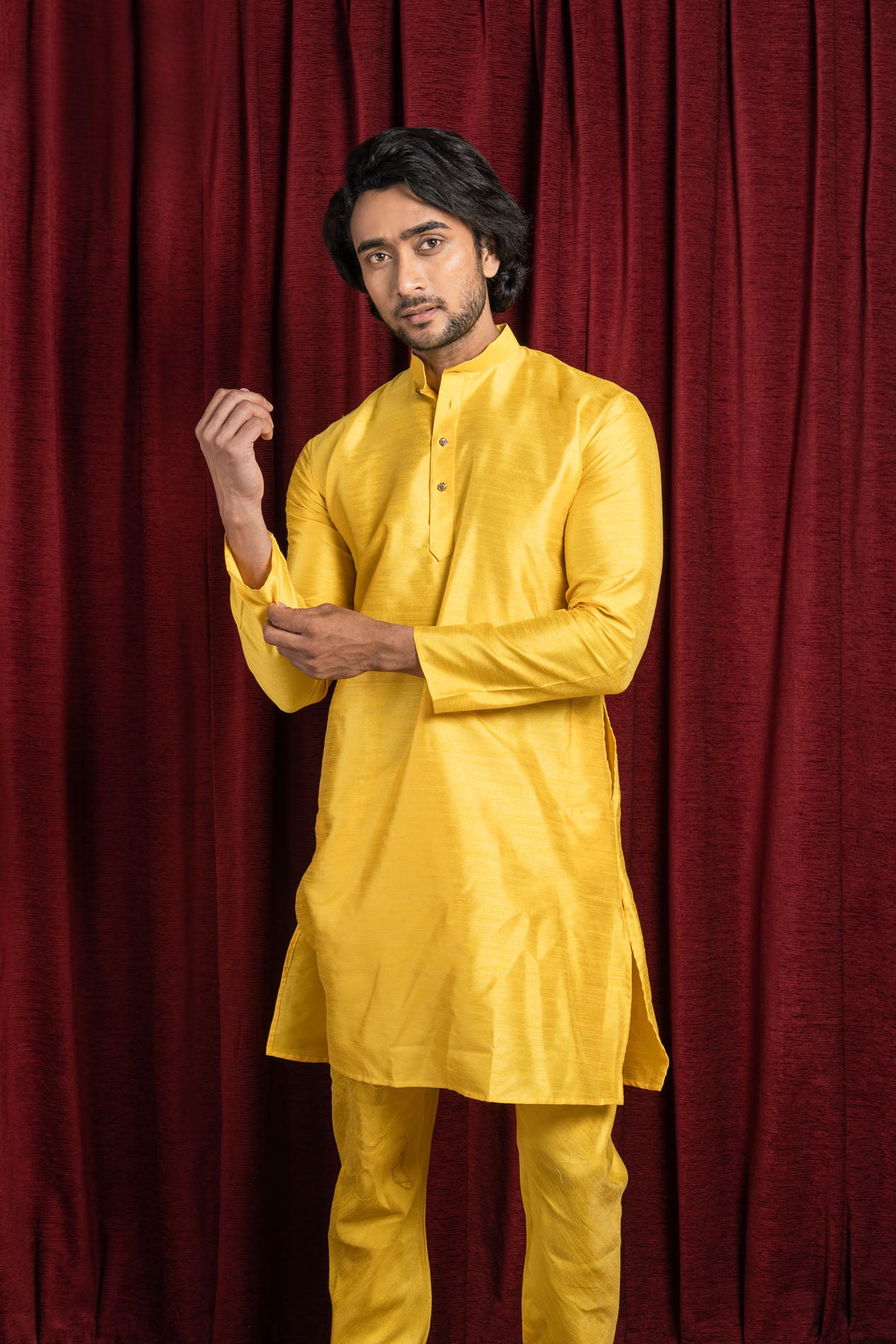 HAMSAFAR Men’s Yellow Silk Casual Kurta