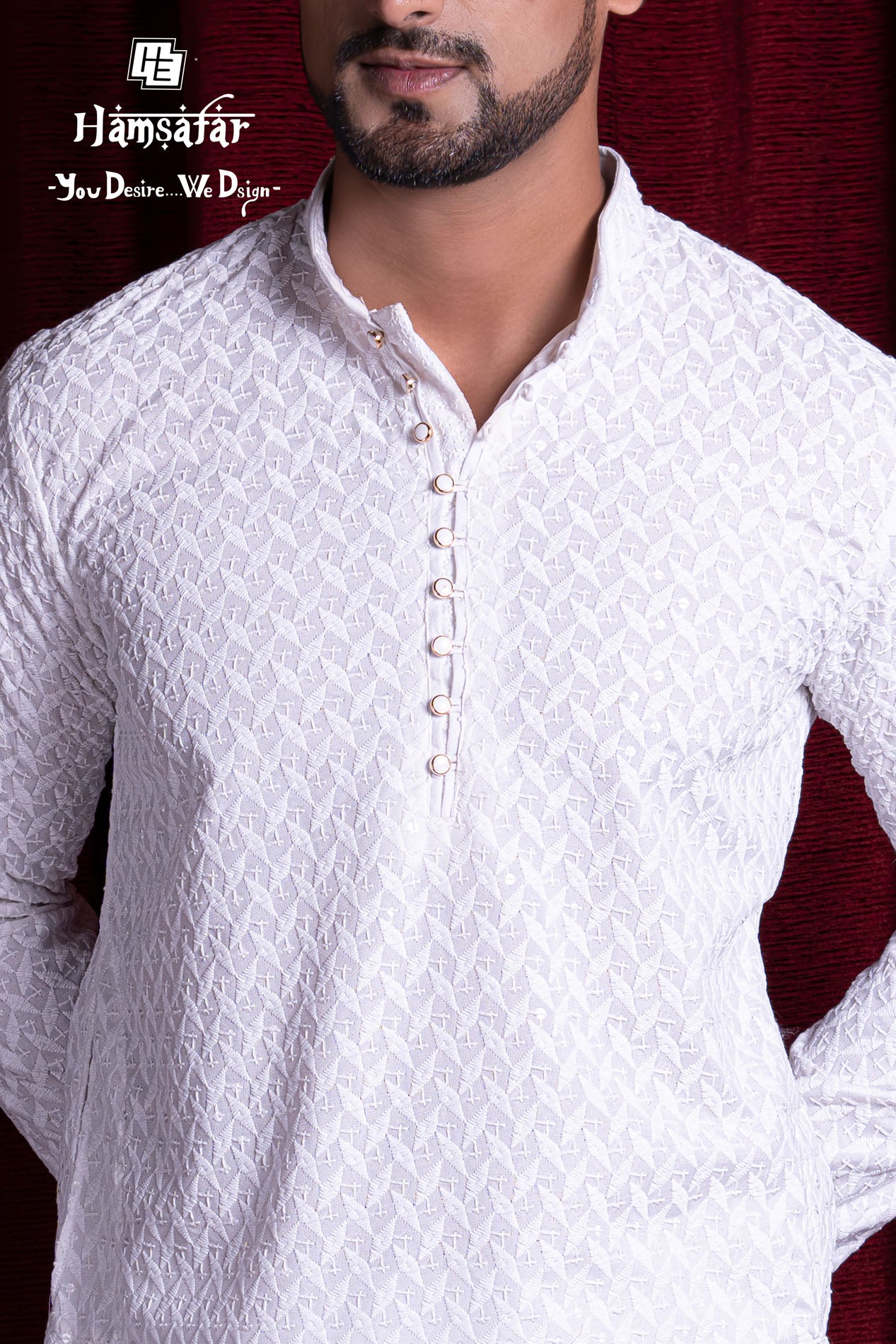 HAMSAFAR Men’s White Cotton Chicken Embroidery Kurta