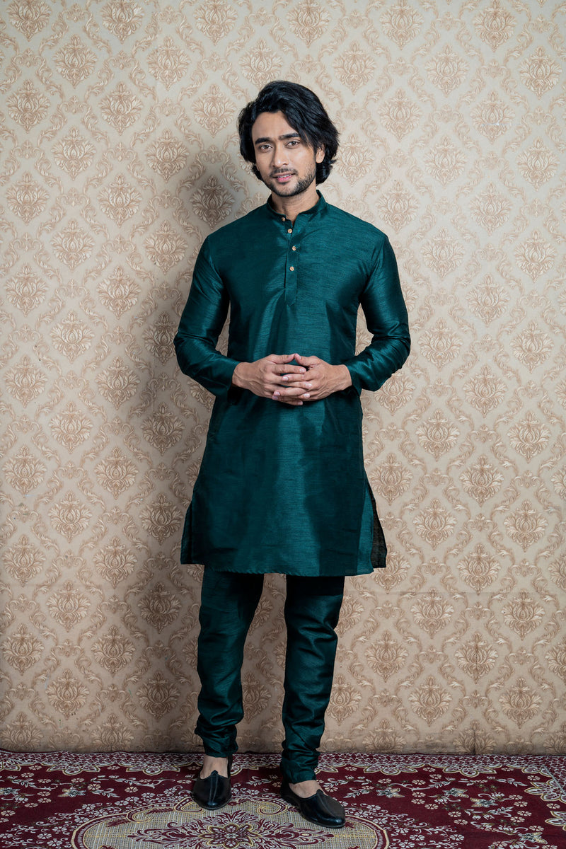 HAMSAFAR Men’s Peacock Green Silk Blend Casual Kurta