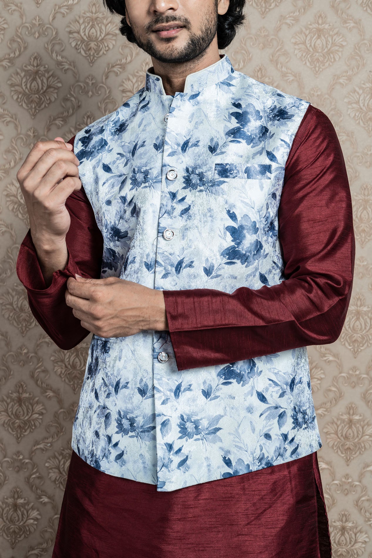 HAMSAFAR Men’s White Poly Viscose Floral Print Nehru Jacket