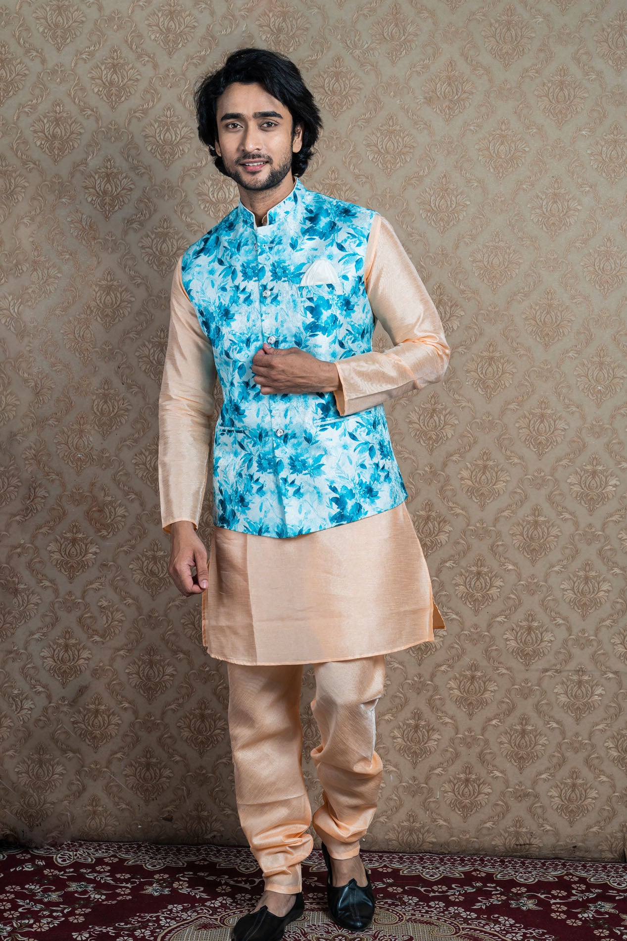 HAMSAFAR Men’s White & Blue Floral Print Poly Viscose Nehru Jacket