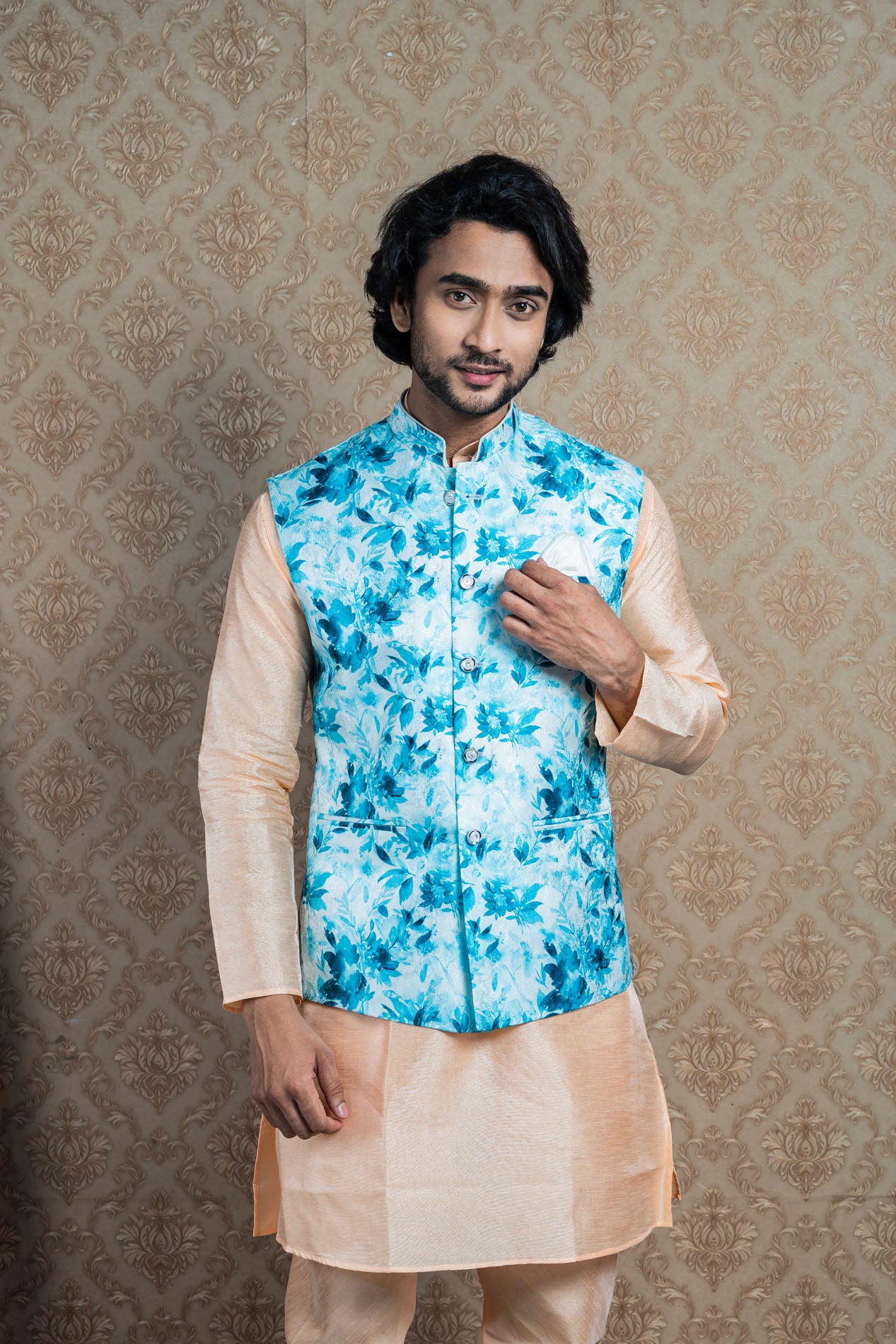 HAMSAFAR Men’s White & Blue Floral Print Poly Viscose Nehru Jacket