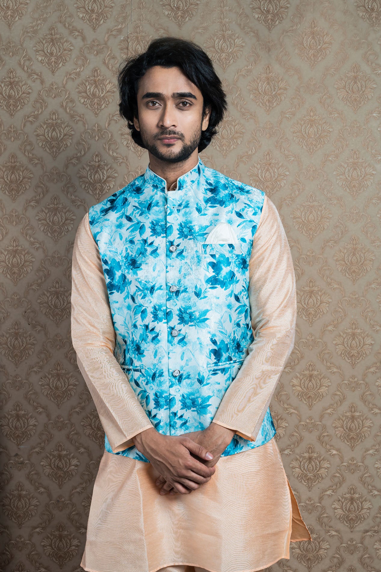 HAMSAFAR Men’s White & Blue Floral Print Poly Viscose Nehru Jacket