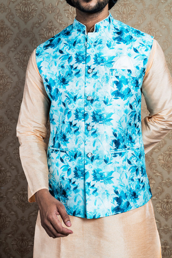 HAMSAFAR Men’s White & Blue Floral Print Poly Viscose Nehru Jacket