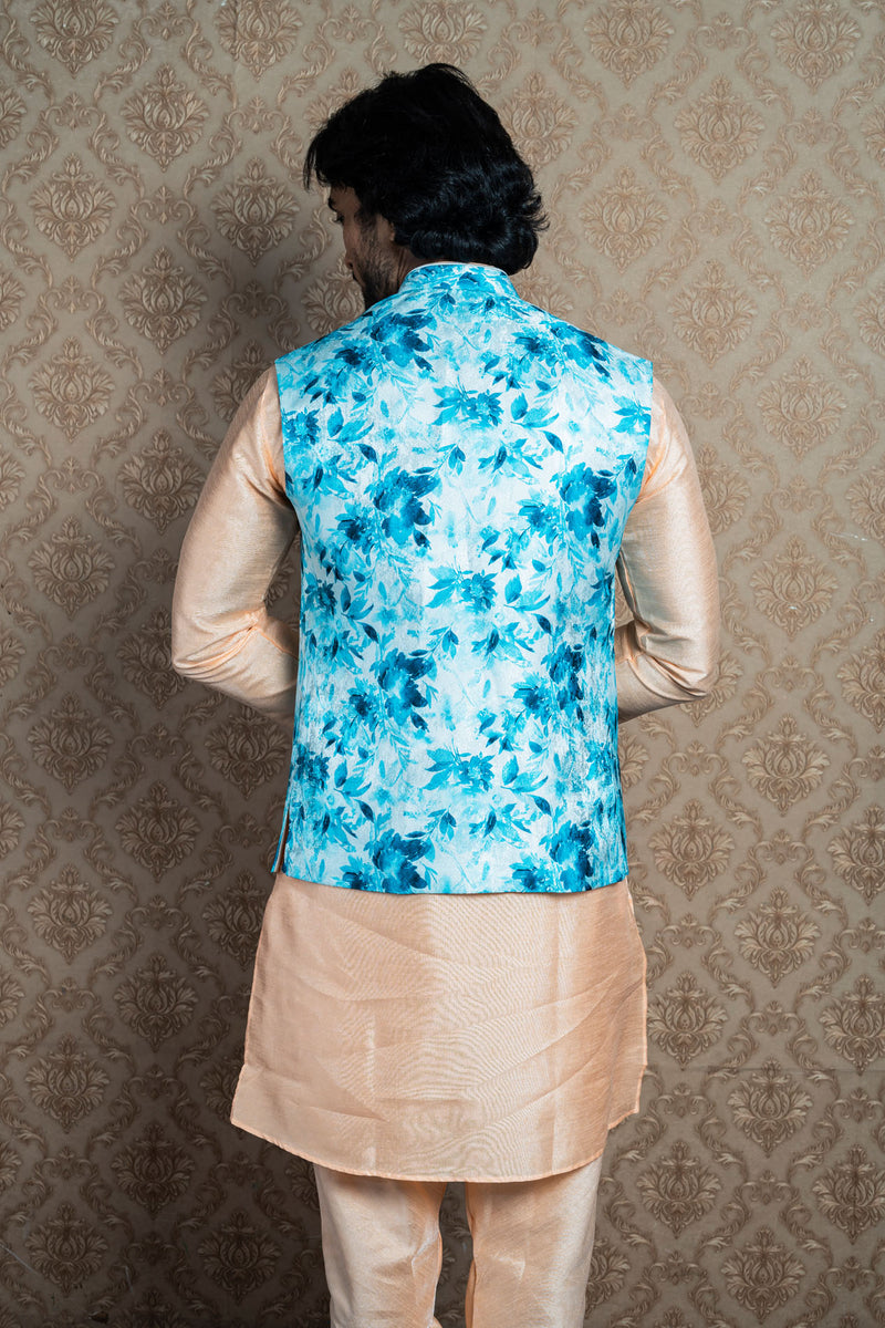 HAMSAFAR Men’s White & Blue Floral Print Poly Viscose Nehru Jacket
