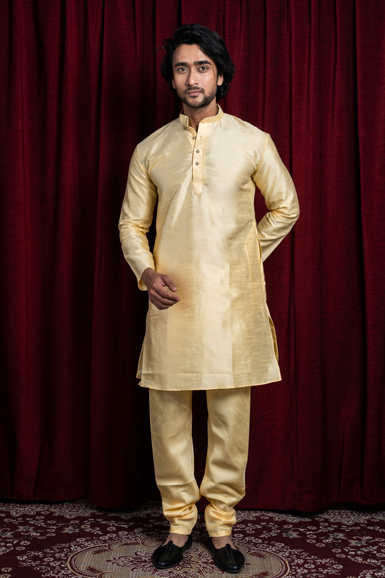 HAMSAFAR Men’s Light Yellow Silk Blend Casual Kurta